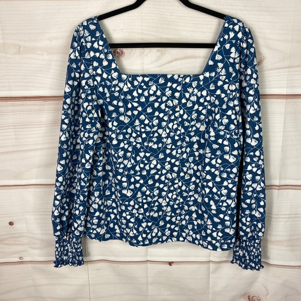 Melloday Top Womens L Blue Floral Blouse Square Neck Long Sleeve Smocked Cuff